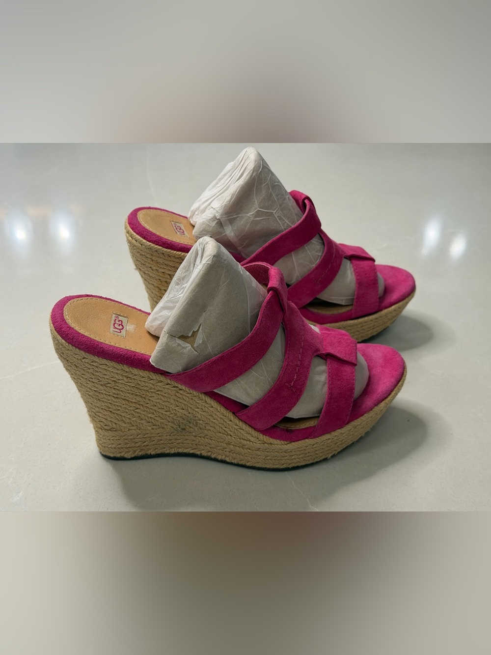 UGG Australia Tawnie Pink Suede Espadrille Platform Wedge Sandals Size 9.5